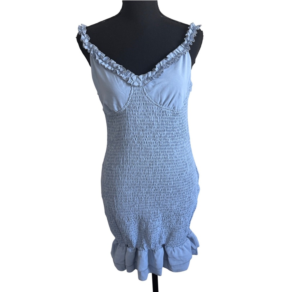 SHEIN Women Blue Smocked Milkmaid Babydoll Mini Dress Size M Coquette Dainty
